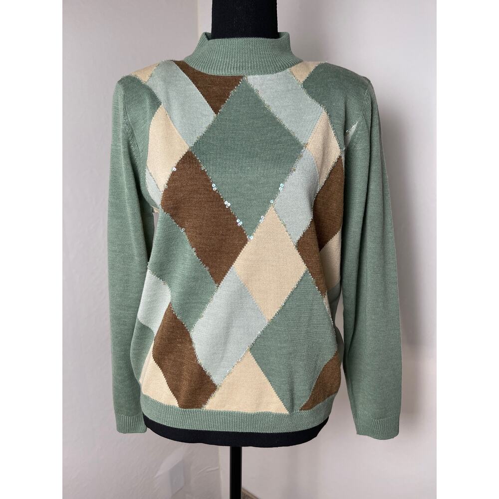 VTG Alfred Dunner Women's Wool Geometric Sequin Artzy Funnel Sweater Green PL